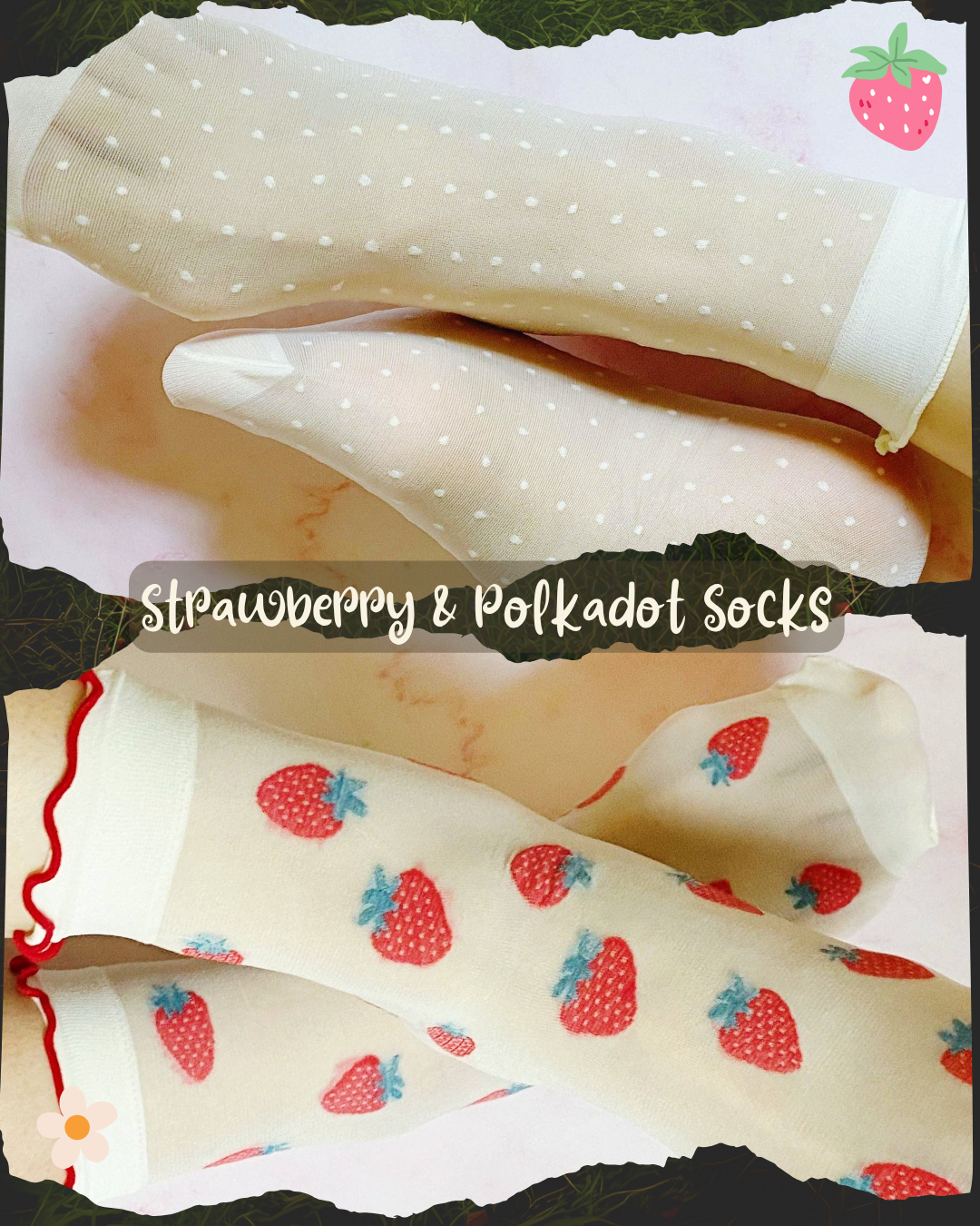 White Dots And Strawberries Sheer Socks (Set Of 2)