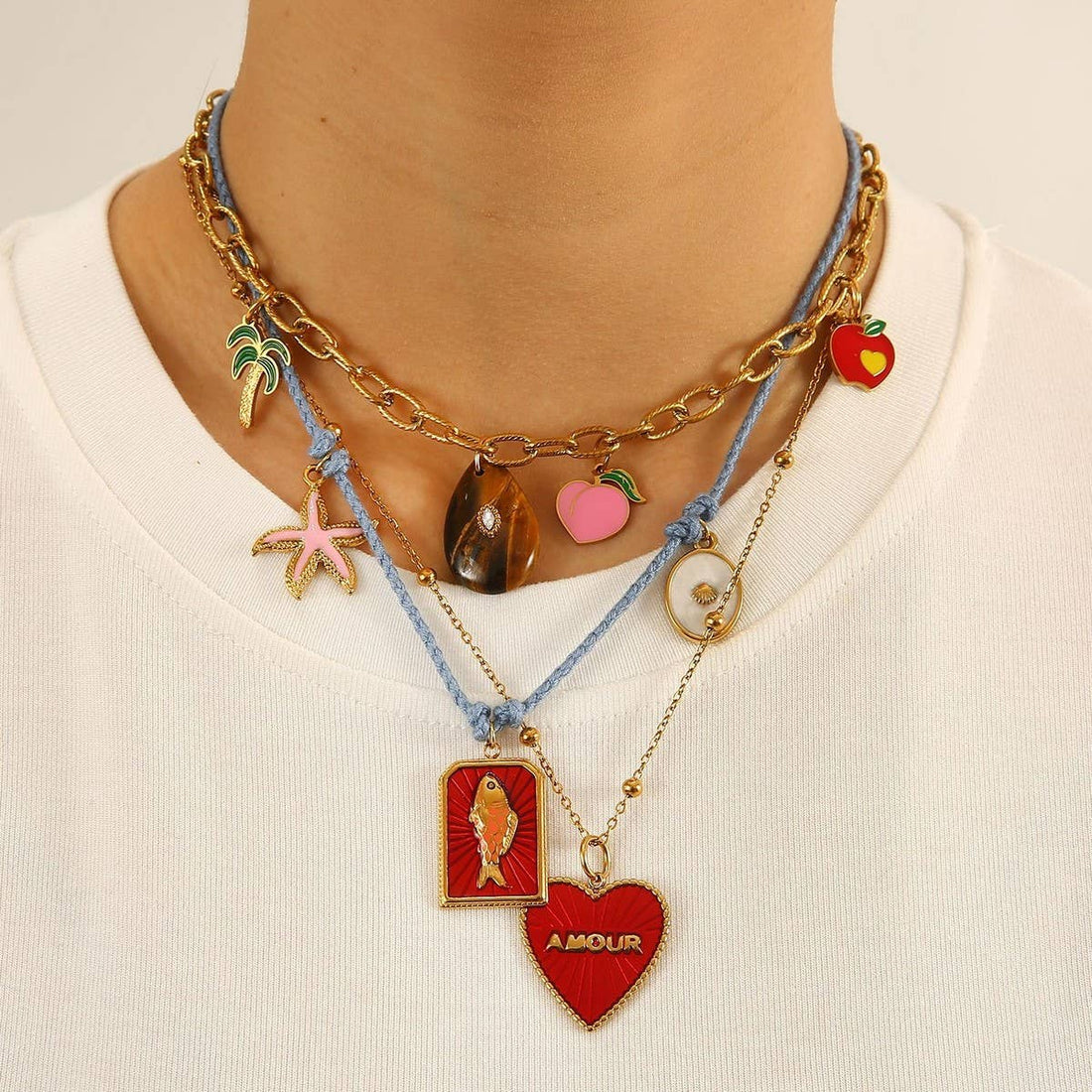 Blue Cord Necklace with 18K Fish, Starfish, & Heart